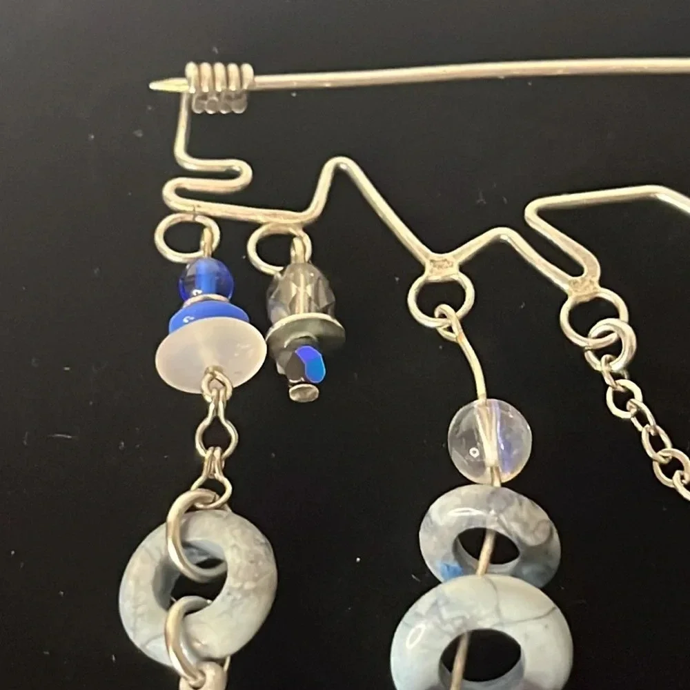 One‎ of a Kind Handmade Sterling Silver Blue Glass Bead Dangle Safety Pin Brooch